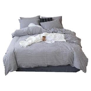 纯棉床单式四件套男生高级感格子水洗棉被套床单1米5床上四件套