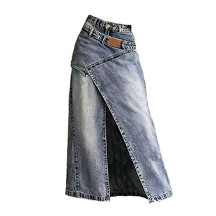 2026女夏新款欧美跨境高腰不规则开叉牛仔半身长裙Fashion skirt