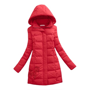 红色白鸭绒羽绒服冬季女小个子洋气绣花高档气质中长加厚外套