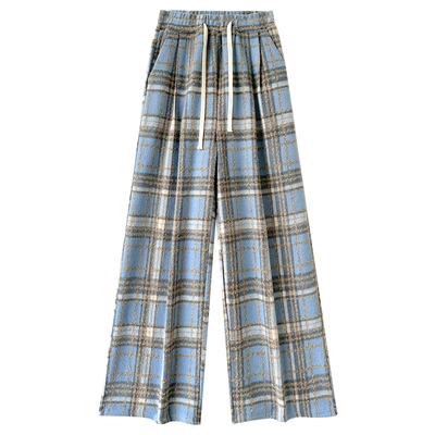 高腰复古阔腿裤加绒格子毛呢加厚