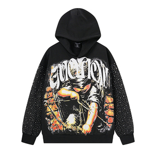 MIXED EMOTION美潮嘻哈街头休闲烫钻印花宽松重磅纯棉连帽卫衣INS