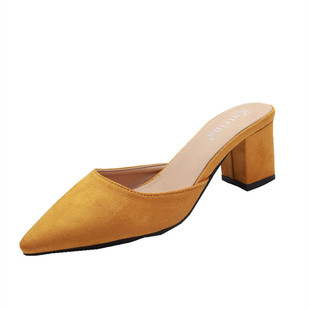 .2026春新品韩版尖头粗跟女半拖鞋时尚试衣间高跟一脚蹬懒人鞋