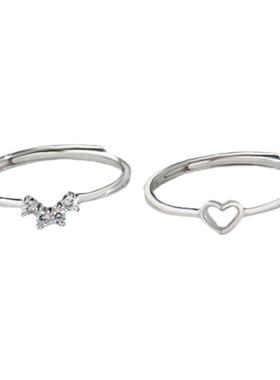 s925纯银韩版戒指小巧细款二合一爱心指环女心形戒指学生闺蜜礼物