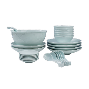 景德镇餐具套装影青雕刻碗碟套装家用创意陶瓷碗高档乔迁套装送礼