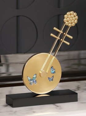 新中式轻奢纯黄铜琵琶摆件几何乐器装饰品客厅样板间电视柜摆设
