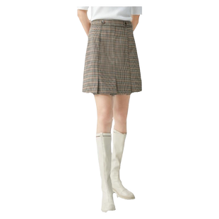 轩日女装新款裙子女2025春秋高腰a字半身裙复古法式褶子格纹短裙