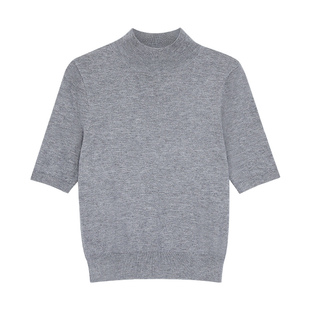 pusumede 极简知性 黑色半高领中袖针织衫女修身打底衫五分袖上衣