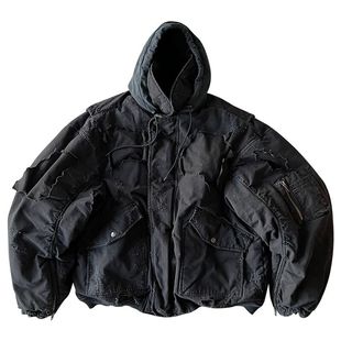 Broken Moon自主巴黎风Bomber高街水洗做旧破坏连帽保暖棉服外套