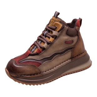 头层牛皮厚底老爹鞋高帮女鞋2025秋冬新款真皮拼色加绒系带短靴子