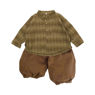 男宝春季衬衫套装儿童复古条纹长袖上衣小童灯笼裤男宝宝痞帅春装