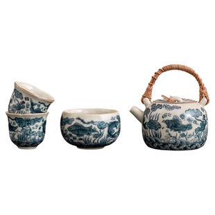 汝窑藤编提梁壶茶杯茶盘小套装开片可养复古家用功夫茶具一壶二杯