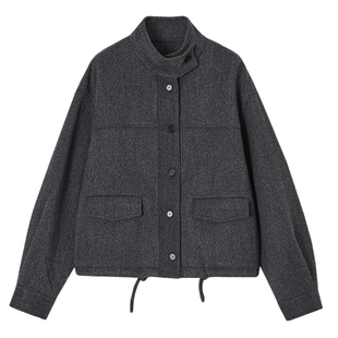 德玛纳复古通勤风立领外套女25冬季新款下摆抽绳宽松短款夹克上衣