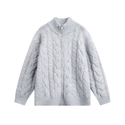 NEVERNEED绵羊毛麻花开衫毛衣男