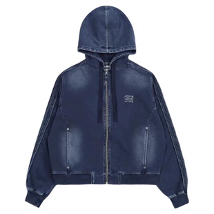 badblood美式复古水洗做旧牛仔色宽松卫衣拉链连帽外套长裤套装潮