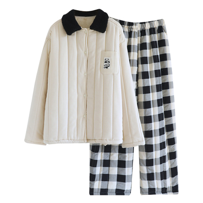 加厚夹棉加绒秋冬熊猫刺绣睡衣女