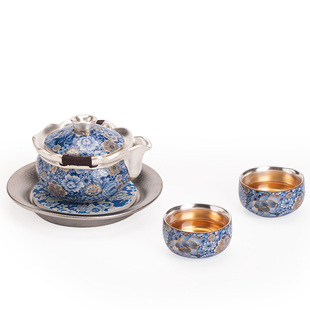 高档鎏银繁花手抓壶茶壶茶具套装一壶两杯茶具礼盒送礼茶具新款