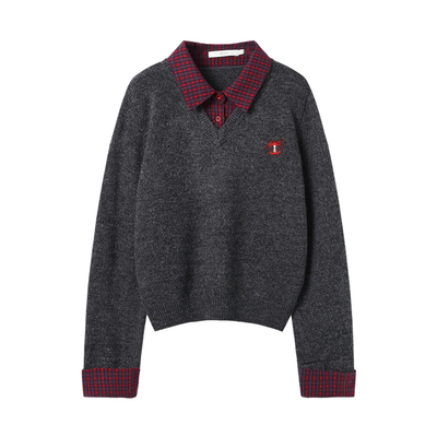 西町村屋简约毛衣女装2025冬新款学院风假两件拼接上衣XHAD10303