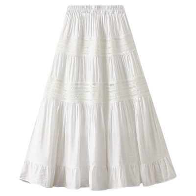 3066-镂空蕾丝高腰白色半身裙