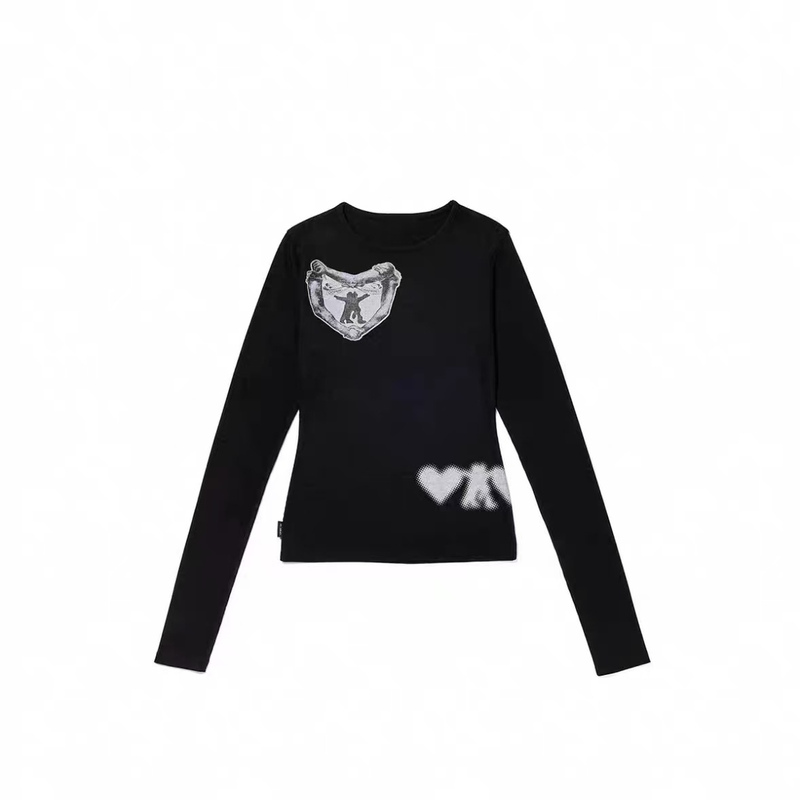 韩国小众OPEN爱心双人舞涂鸦印花圆领秋季修身长袖打底衫T恤女士