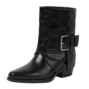 哈森/HARSON【裤管魅影】25冬新款复古真皮粗高跟时装靴中筒靴女