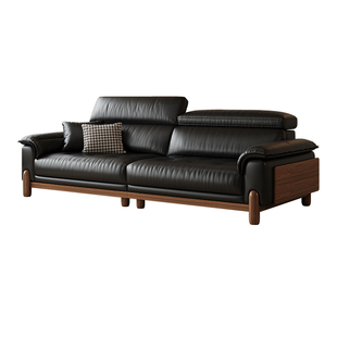 拉芙菲中古风头层牛皮沙发原木风白蜡实木直排真皮沙发小户型客厅