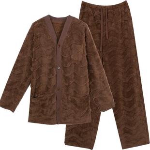 朵朵可可秋冬季波浪纹珊瑚绒系带长袖开衫睡衣女家居服套装