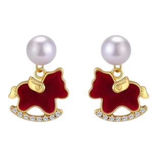 新年红色丝绒小马珍珠耳环女2026新年耳钉马年本命年气质银针耳饰