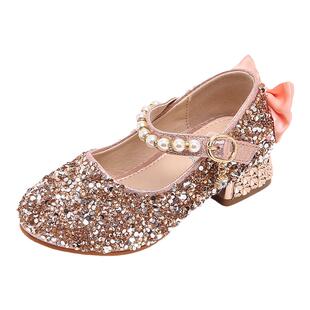 女童爱莎公主鞋2024新款春秋款宝宝演出皮鞋高跟配礼服儿童水晶鞋