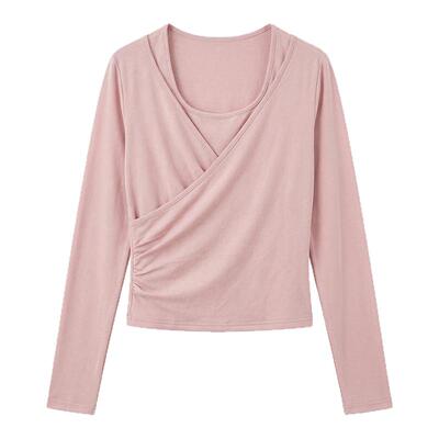 大眼自制LARGE EYE 纯欲系 早春粉小个子交叉U领长袖修身显瘦T恤