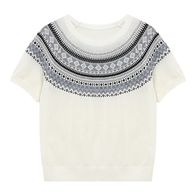 Basic House/百家好费尔岛提花短袖针织衫女蓝色宽松显瘦复古上衣