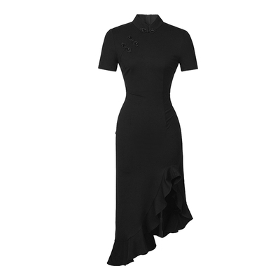 小黑裙旗袍开叉荷叶边