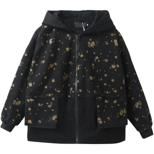 2025新款加大码女装妈妈加绒纯棉连帽短外套女春秋季休闲宽松上衣