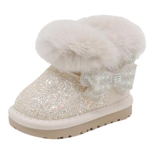 女宝宝雪地靴加绒兔毛亮片公主靴子冬季新款小童棉鞋婴幼儿学步鞋