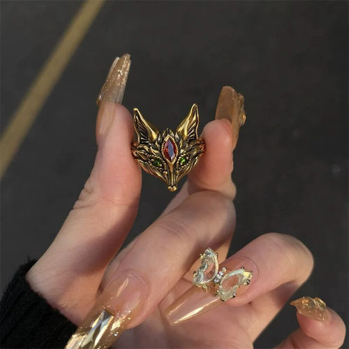 中古vintage黑金色复古立体狐狸戒指栩栩如生高级酷飒食指戒饰品