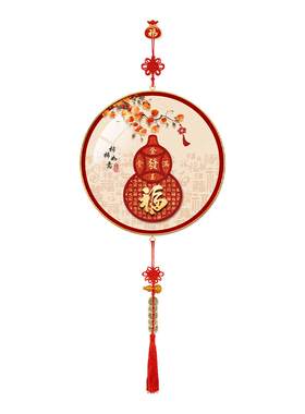 柿柿如意客厅斗柜高档装饰画新中式福禄葫芦金玉满堂圆形新年挂画