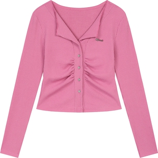 妖精的口袋粉色v领抽褶修身针织衫女2026早春新款显瘦内搭打底衫