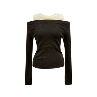 米米子微胖大码胖mm“枫丹白露”时尚风撞色露肩针织收腰上衣女秋