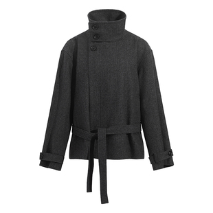 NON RESTRAIN法式立领气质短款羊毛大衣女经典人字纹系带毛呢外套