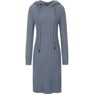 灰色长袖针织连衣裙女修身中长款kbne气质秋冬新款显瘦连帽毛衣裙