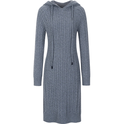 灰色长袖针织连衣裙女修身中长款kbne气质秋冬新款显瘦连帽毛衣裙