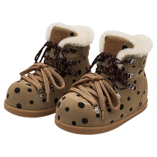 SMILEY笑脸圆头卡其色冬季保暖女厚底增高加绒波点时尚棉鞋雪地靴