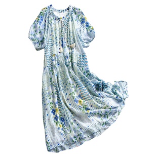 蓝色碎花舒适透气宽松显瘦系带领2025夏季新款短袖女裙连衣裙C622