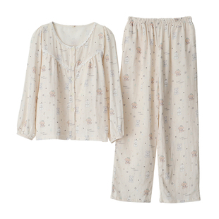 萌系卡通小狗圆领睡衣女纯棉纱蕾丝收口开衫防走光长袖家居睡眠服