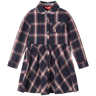 暇步士童装女童连衣裙春秋新款中大童学院风长袖裙儿童气质格纹裙