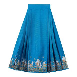 衡庐明制汉服女秋冬日常妆花织金博古猫单底襕蓝缎马面裙面料现货