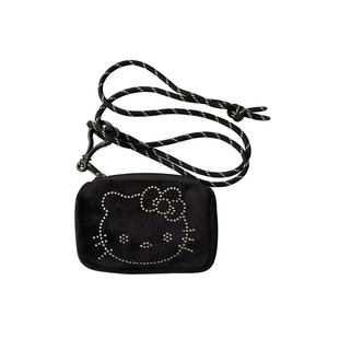 KT包包挂脖项链~丝绒钻黑皮猫咪零钱包挂绳miu系风登山绳毛衣链女