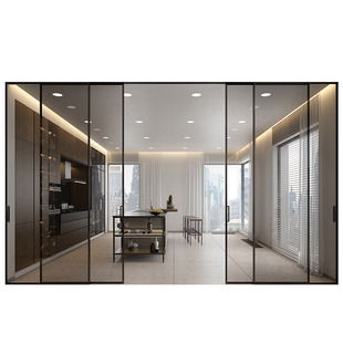 博洛尼轻奢极简现代开放式厨房钛铝合金玻璃静音门锁推拉门