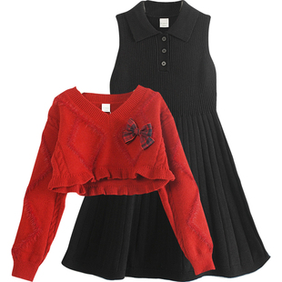 女童连衣裙套装冬季新款红色毛衣针织背心裙两件套女童加厚拜年服