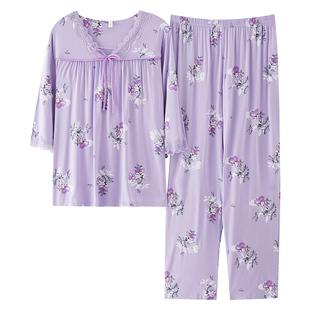 睡衣女春夏莫代尔七分袖长裤套装大码春秋薄款中年妈妈半袖家居服