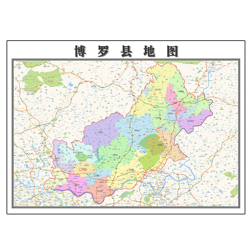 博罗县地图1.1米定制广东省惠州市行政区域颜色划分高清防水墙贴